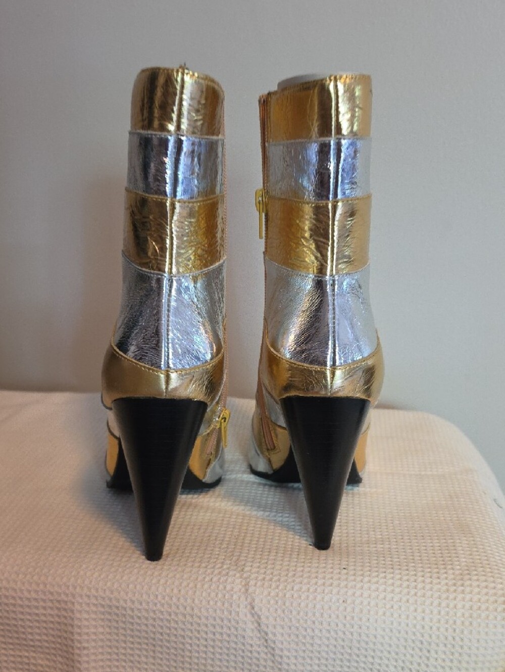Jeffrey Campbell Metallic Gold & Silver Pointed-Toe Cone Heel Women's Booties - Picture 3 of 6